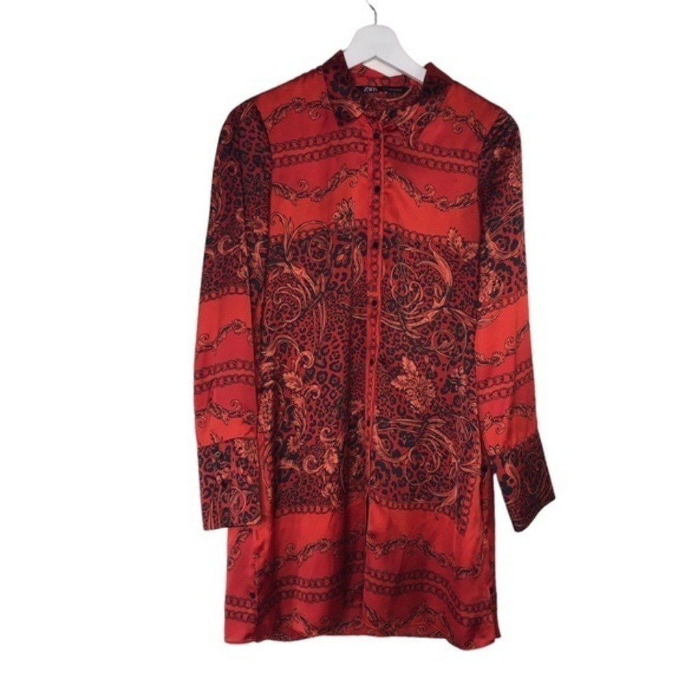 ZARA Red Floral Belt Pattern Satin Shirt Button Down Dress